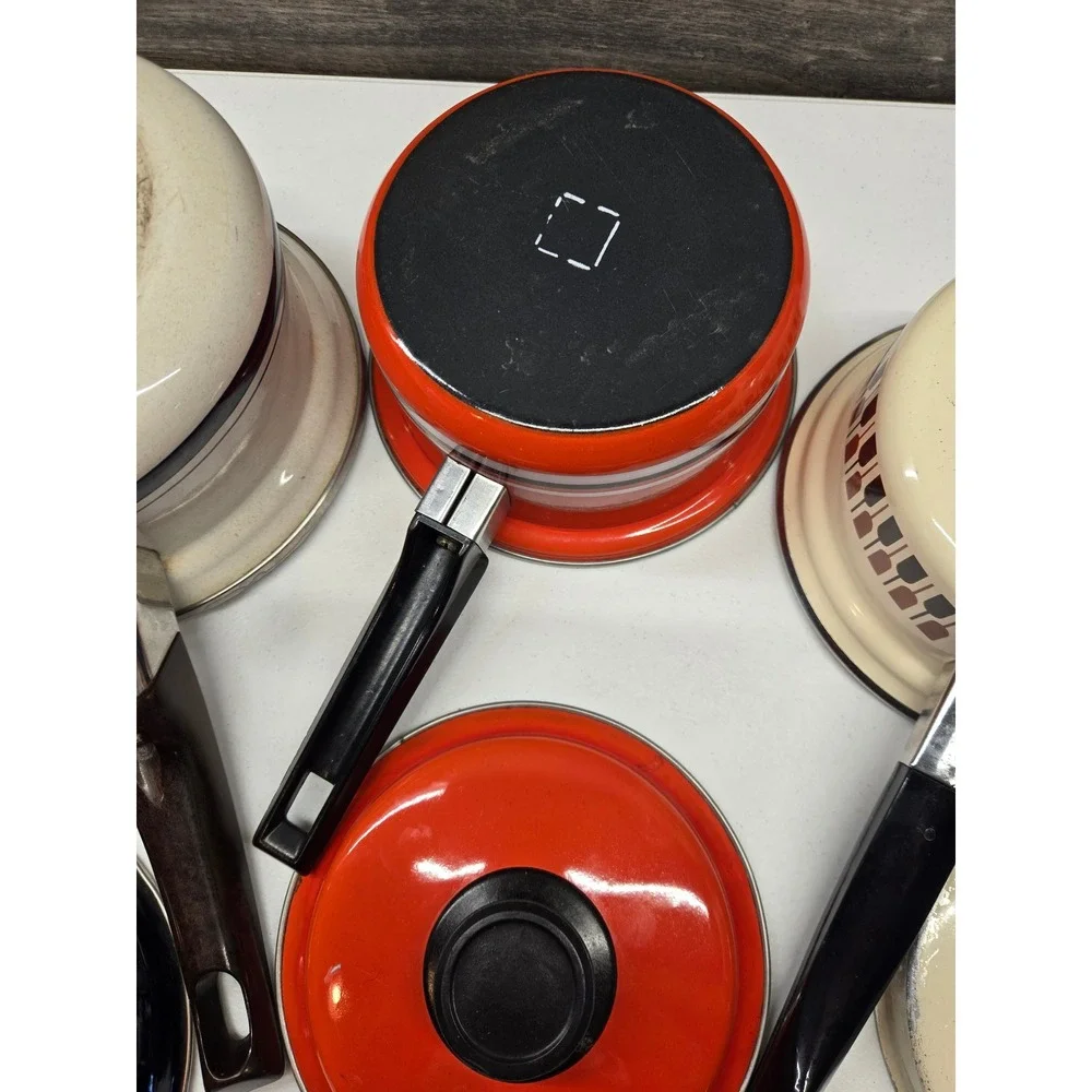 Vintage Enamel Saucepan Lot Lanko Japan Moneta Italy Retro Mid Century Cookware